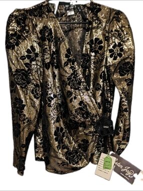 Vintage 80s Disco Gold Black Velvet Puff Sleeve Top Mister Jay Size S with TAGS